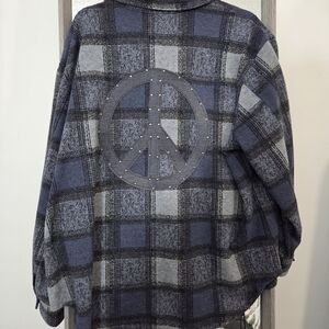 Navy Plaid Button Down Shirt with Peace Sign